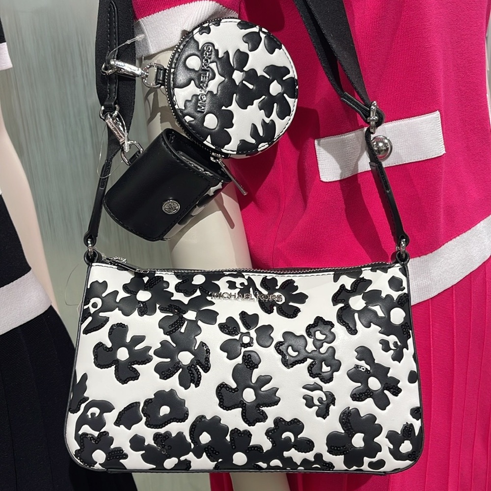 MICHAEL KORS Jet Set Sm Sequined Floral Print Crossbody w Case for Apple Airpods - Picture 5 of 16